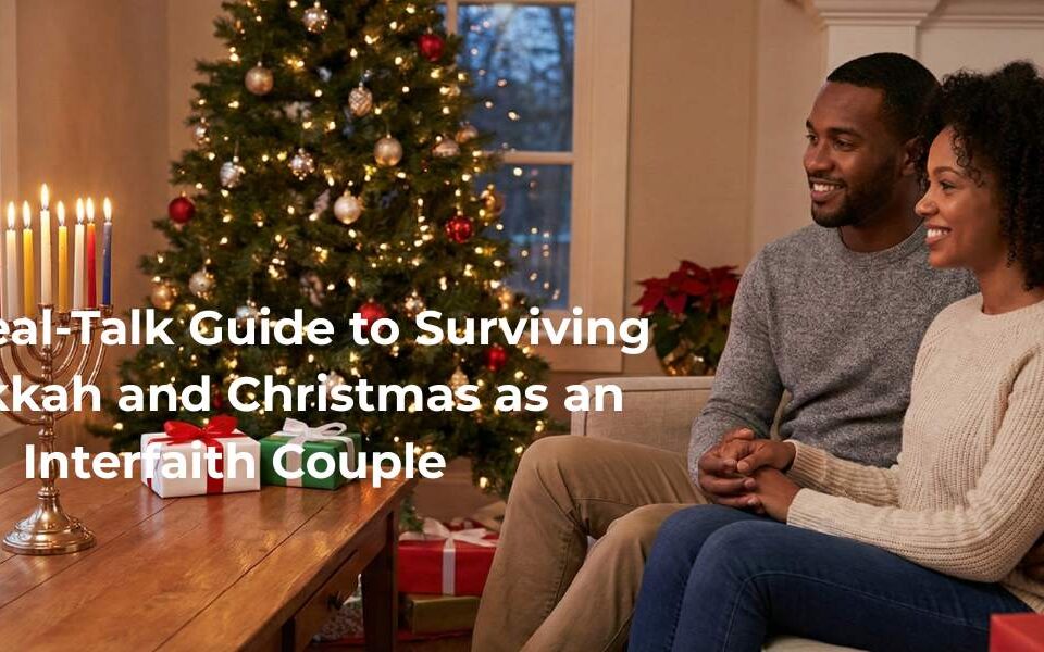 Joyful interfaith couple holding hands on a couch, celebrating Hanukkah and Christmas together with a lit menorah and a decorated Christmas tree side-by-side in their home.
