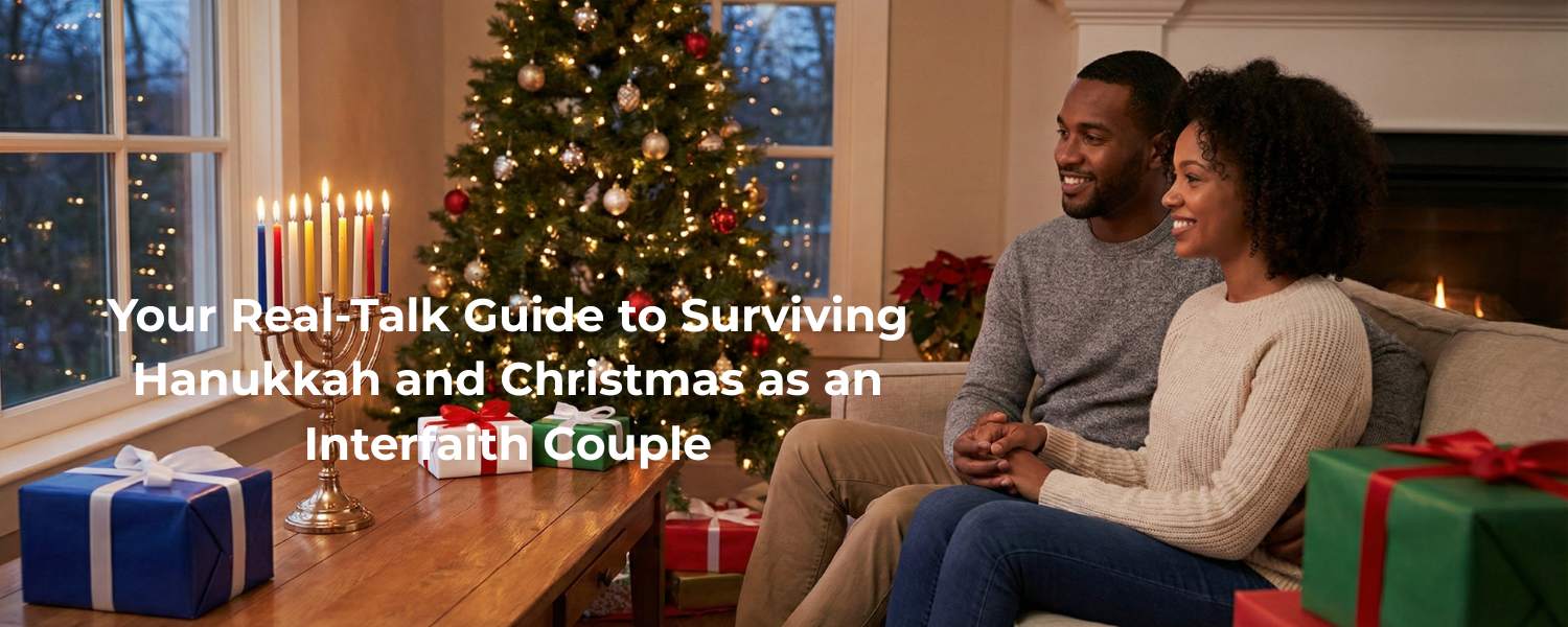 Joyful interfaith couple holding hands on a couch, celebrating Hanukkah and Christmas together with a lit menorah and a decorated Christmas tree side-by-side in their home.