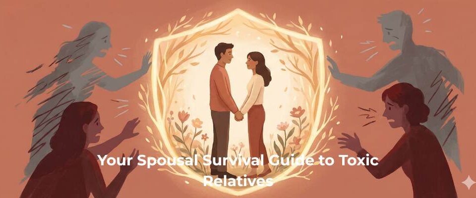 A conceptual illustration in warm tones showing a couple holding hands safely inside a glowing, floral shield, while shadowy, distressed figures representing toxic family try to breach the barrier from the outside. Horizontal orientation.