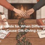 A warm illustration visualizing the "Spender vs. Saver" dynamic during the holidays. On the left, labeled "The Spender," are lavish gifts and a high credit card bill. On the right, labeled "The Saver," are a handmade photo album, a holiday budget envelope, and a calculator. Two hands reach across the center to connect, symbolizing navigating gift-giving anxiety with empathy.