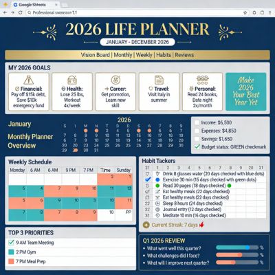 2026 Life Planner Google Sheets template with vision board for yearly goals, monthly planner pages with budget overview, weekly schedule with daily to-do lists, habit tracker for 30+ habits including workout and water intake, and quarterly progress review prompts