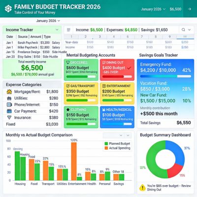 Annual Family Budget Tracker Google Sheets template with income tracker for paychecks and side hustles, mental budgeting accounts showing groceries $600 dining $400 with remaining balances, expense categories for housing utilities transportation, savings goals tracker with progress bars, and monthly vs actual budget comparison charts