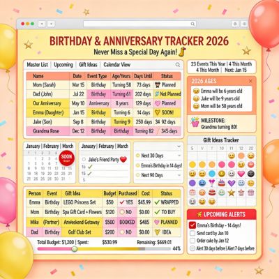 Birthday Anniversary Tracker Google Sheets template with master date list for all birthdays anniversaries milestones, automatic age calculator showing how old everyone will be this year, monthly upcoming view of celebrations in next 30-90 days, and gift ideas tracker with budget planner