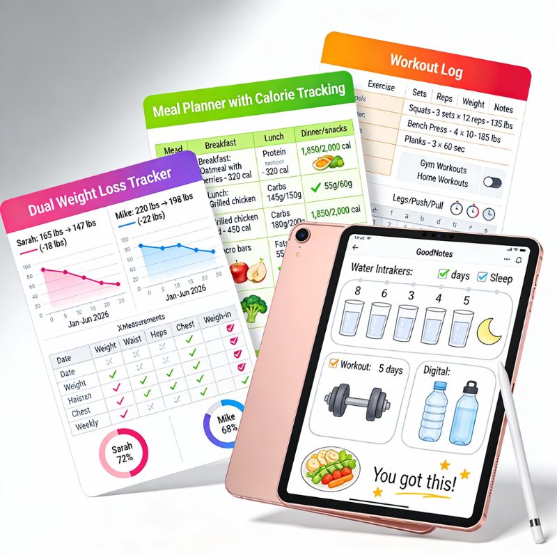 Couples Fitness Bundle product image - 3 Google Sheets templates including dual weight loss tracker with couple progress charts, meal planner with calorie counting and macro tracking, workout log for gym and home exercises, PLUS 1 iPad planner with digital stickers for fitness journaling and habit tracking