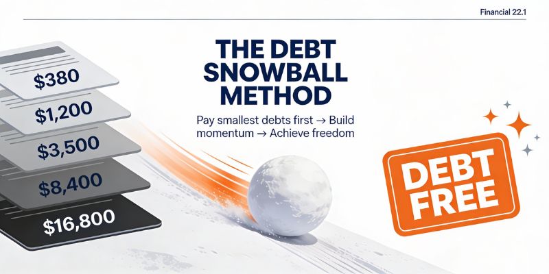 Debt snowball spreadsheet method infographic showing how to pay off smallest debts first and build momentum toward financial freedom