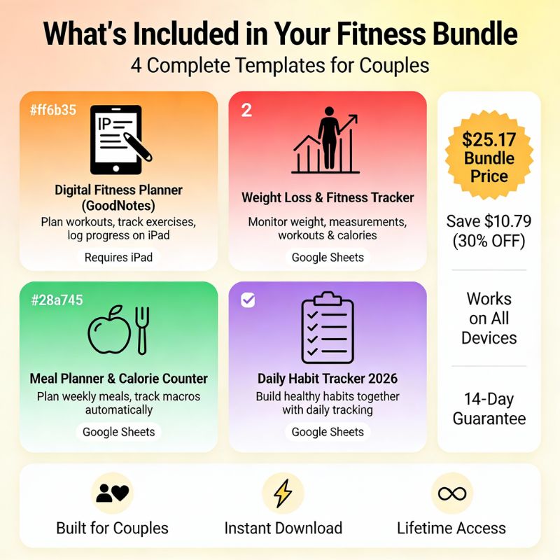 Couples fitness planner bundle features infographic showing 4 templates - GoodNotes workout planner, Google Sheets weight loss tracker, meal planner and habit tracker