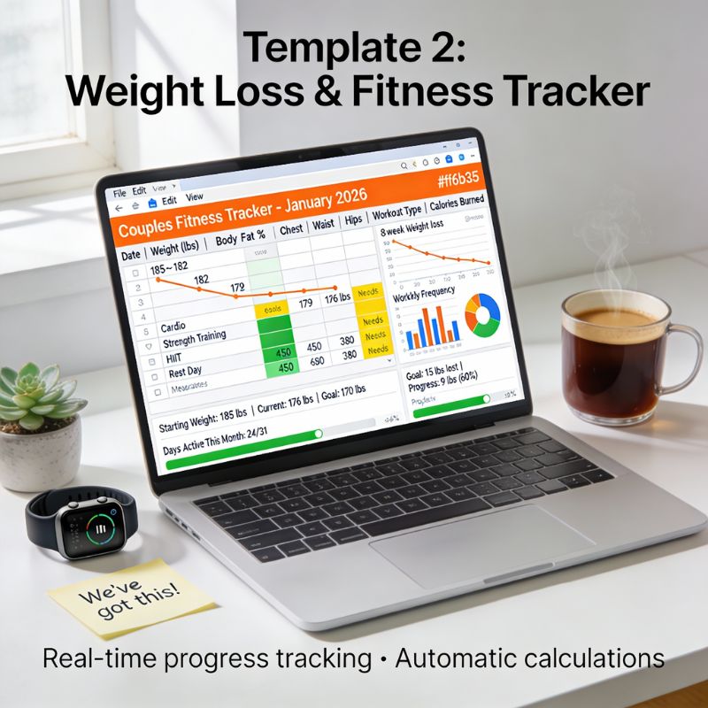 Weight loss and fitness tracker Google Sheets template showing progress charts, body measurements and workout data for couples