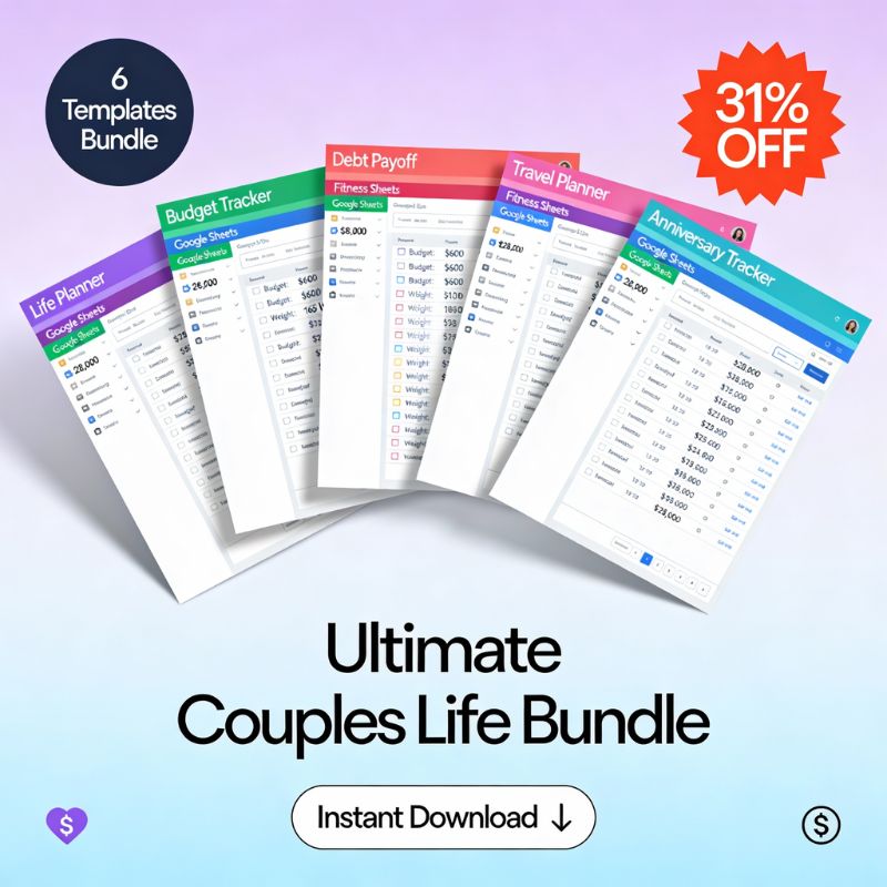 Ultimate Couples Life Bundle showing 6 Google Sheets planners fanned out - debt payoff tracker with $28k to $11k progress, budget planner with expense categories, fitness tracker with weight loss chart, 2026 life planner with goals, travel planner with itinerary, and anniversary tracker calendar