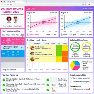 Weight Loss Fitness Tracker for Couples Google Sheets showing dual weight loss charts with both partners progress lines, body measurement log tracking waist hips chest, weekly meal planner template, calorie and macro tracker, and workout planner with exercise logs