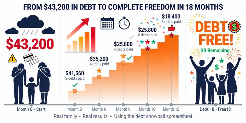 Debt snowball spreadsheet template showing before and after comparison with progress tracking and debt payoff calculator