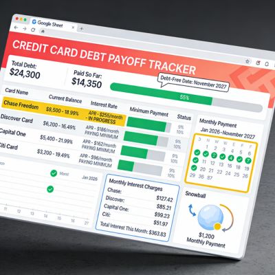 Credit Card Debt Payoff Tracker Google Sheets template showing debt snowball calculator with 4 credit cards, current balances from $8500 to $3200, debt-free date projection November 2027, progress bar at 59% complete, and monthly payment tracker with automatic interest calculations