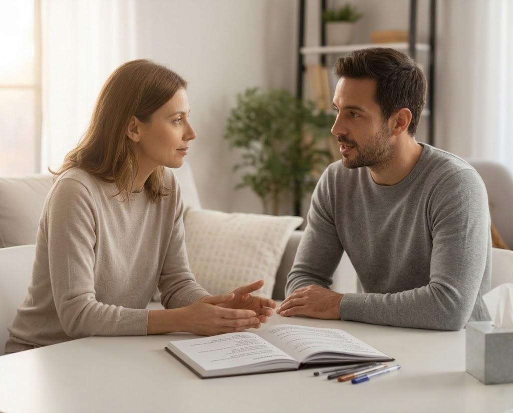 Couple sitting across from each other having a calm structured conversation after one partner completed an individual therapy session