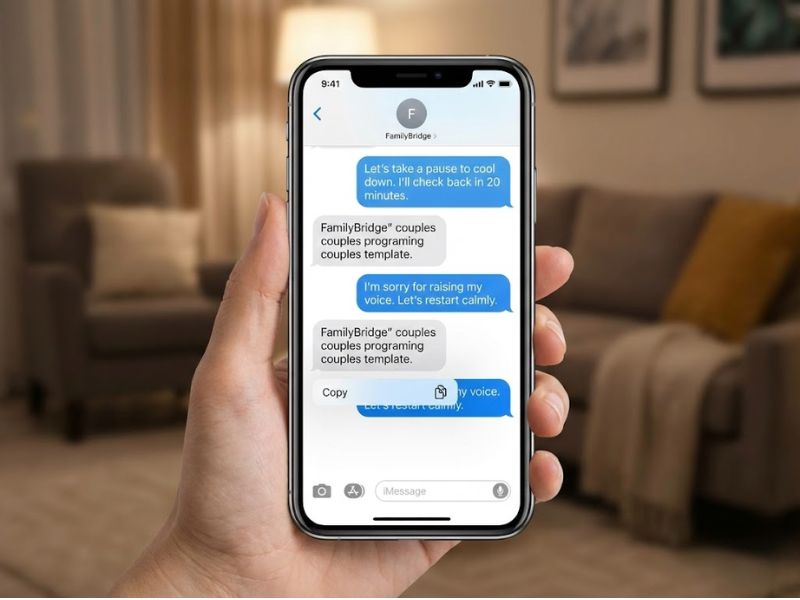 Preview of FamilyBridge couples text templates for de-escalation and repair, shown as copy-paste messages on a phone screen