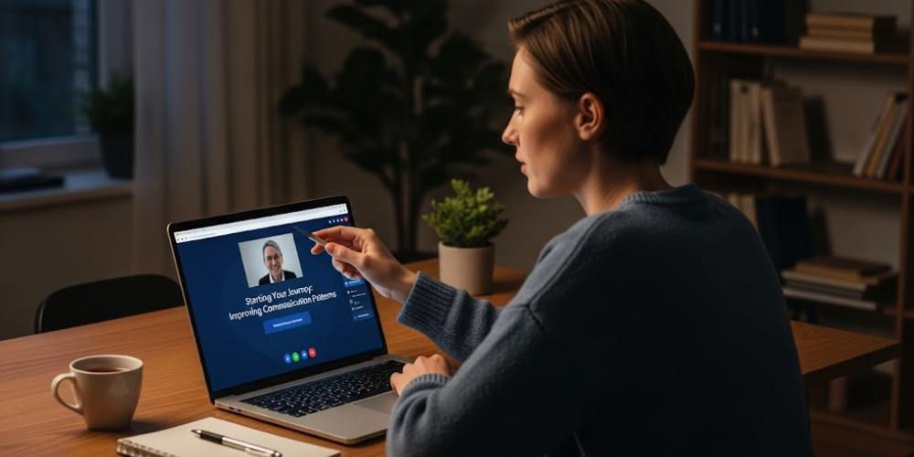 Person sitting alone at a desk with a laptop open, starting an online therapy session to work on personal communication patterns