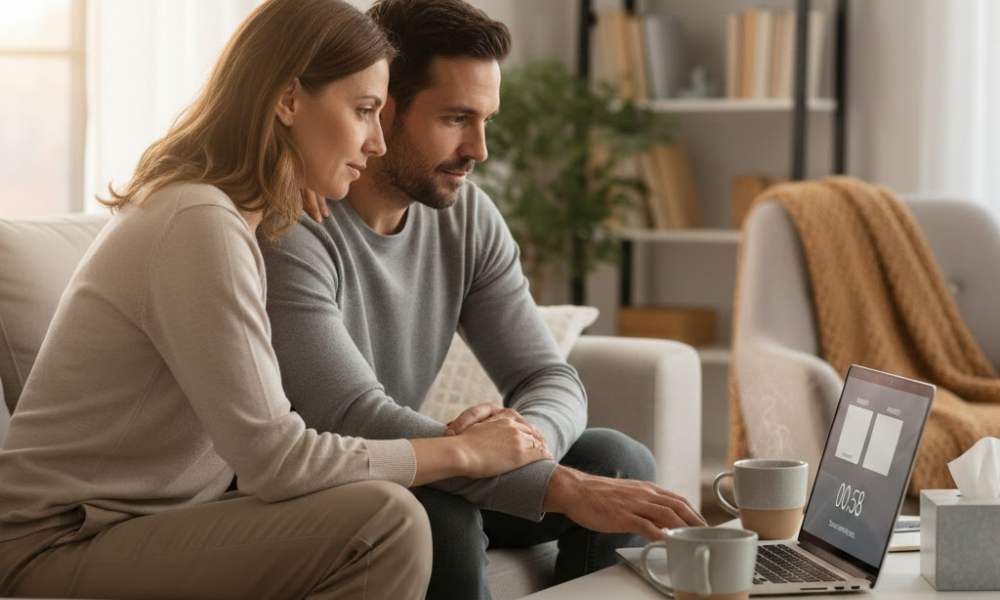 Two partners sitting together with a laptop, preparing for an online couples therapy session