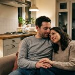 Couple reconnecting on a couch after a fight, representing relationship repair after yelling