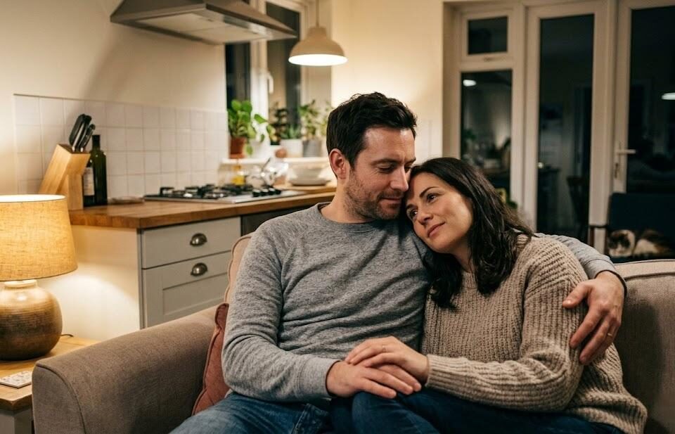 Couple reconnecting on a couch after a fight, representing relationship repair after yelling
