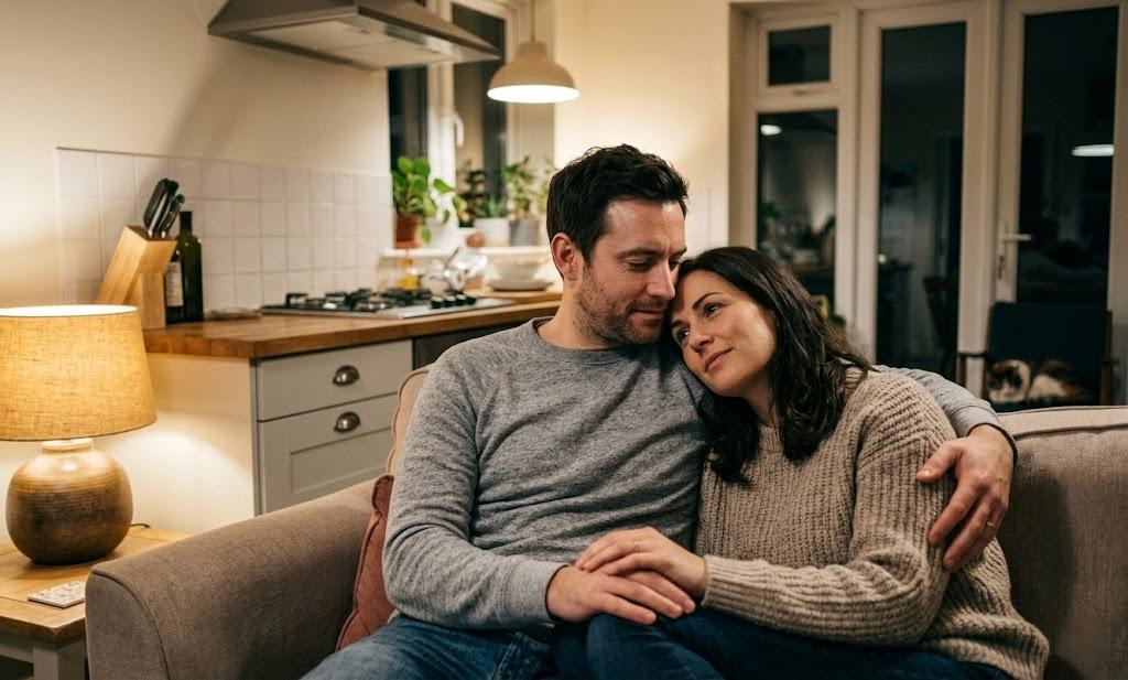 Couple reconnecting on a couch after a fight, representing relationship repair after yelling