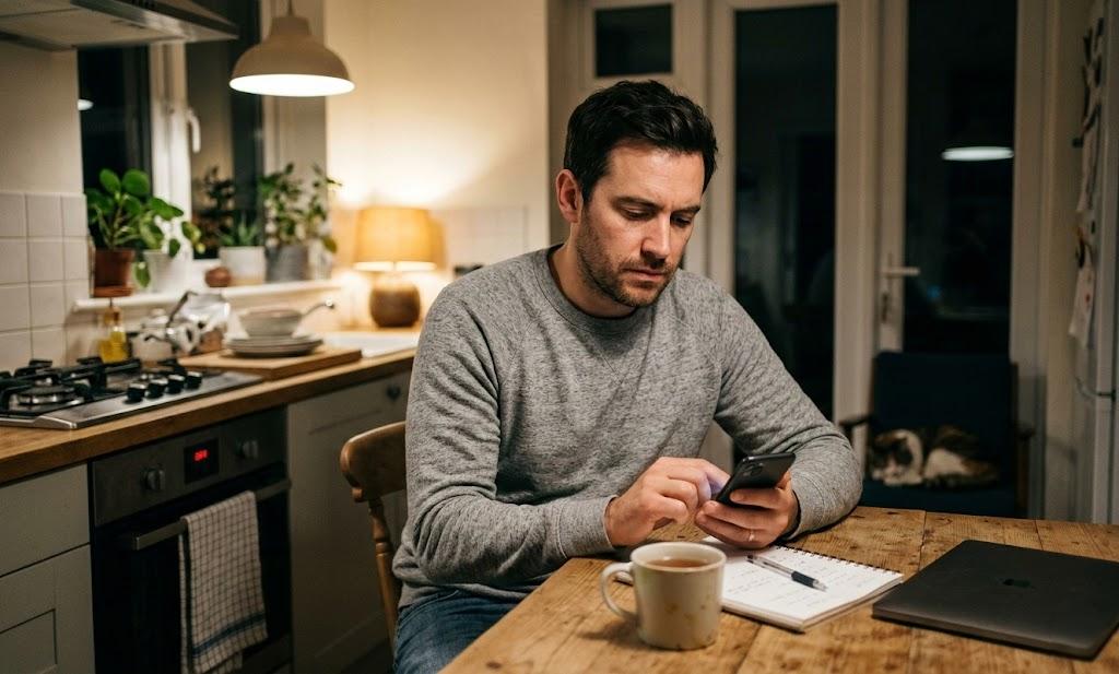 Husband sitting quietly at kitchen table composing a sincere apology text to his wife after an argument