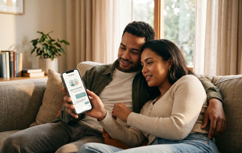 Couple sitting closely together on a couch, looking at a phone screen together, representing using AI tools to explore relationship topics in a relaxed, connected way