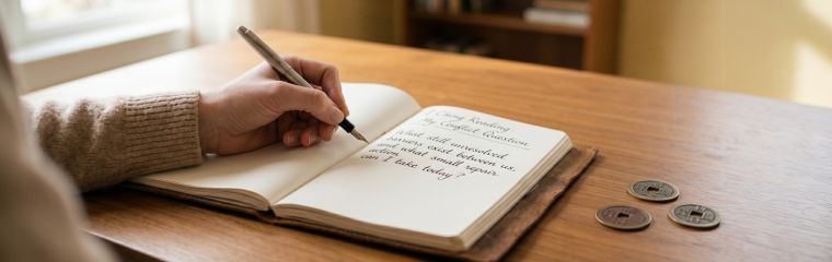 Person writing a relationship repair question in a journal beside three coins used for an I Ching conflict reading