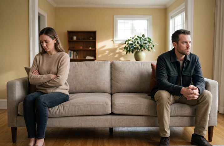 Couple sitting on opposite ends of a couch in silence, representing the emotional distance and cold war that I Ching relationship repair guidance addresses