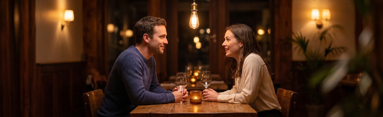A couple sitting face to face at a table with warm light, engaged in a genuine, open conversation — representing the real connection that AI tools can help prepare couples to have