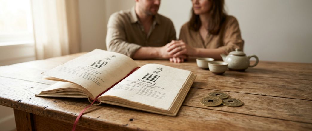 I Ching Book of Changes open next to three coins on a wooden table, used for a couples relationship reading