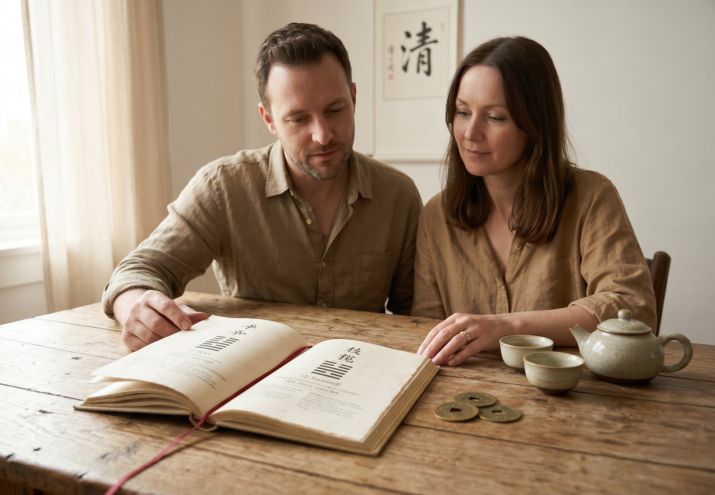 Couple sitting together calmly, representing the use of I Ching for relationship guidance and clarity