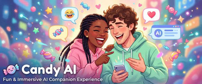 Vibrant, playful illustration of a couple laughing together, representing the fun and immersive AI companion experience available on Candy AI