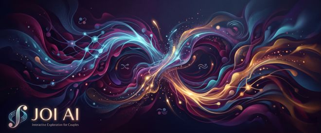 Abstract, moody digital art in deep tones, representing the adult-oriented interactive AI experience offered by JOI AI for couples exploring shared desires