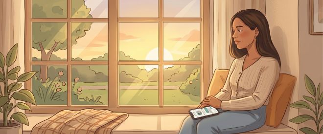 Calm, warm-lit image of a person sitting quietly at a window with a soft expression, representing the emotional and reflective tone of the Nomi AI companion app