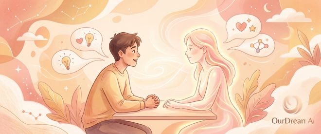 Soft, warm-toned illustration of two figures facing each other in conversation, representing the personalized AI companion experience offered by OurDream AI