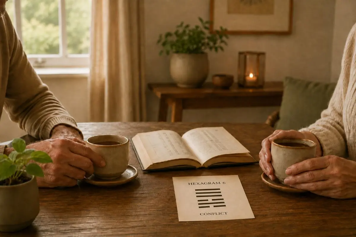 Hexagram 6 conflict reading image showing hands holding tea during a calm pause after an argument