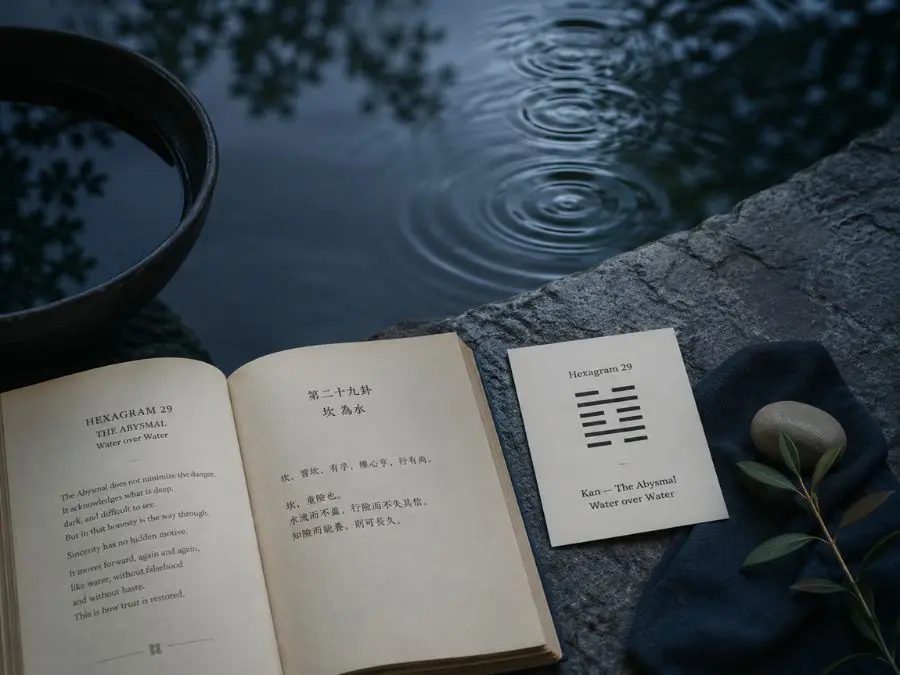 Hexagram 29 The Abysmal shown through still water as a symbol for rebuilding trust after betrayal