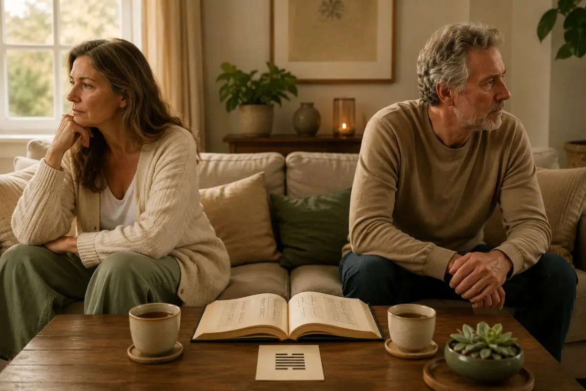 I Ching after a heated argument visual of an American couple sitting apart on a couch after conflict