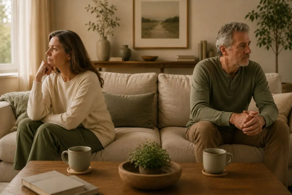 Couple sitting apart after a fight, showing emotional distance and the need to reconnect after an argument