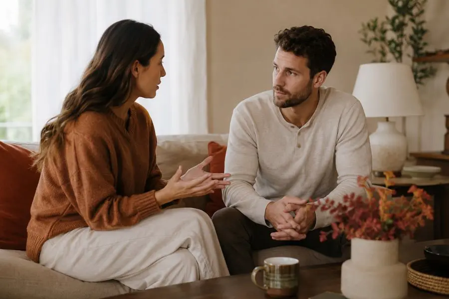 Couple discussing Hexagram 44 relationship boundaries with calm communication