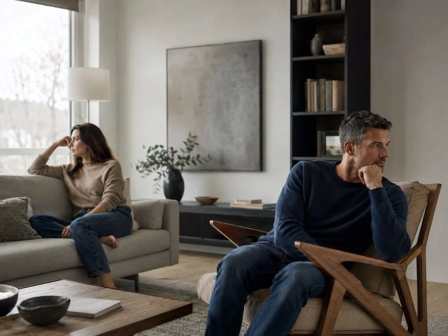 Couple sitting apart after a fight when repair scripts alone may not be enough