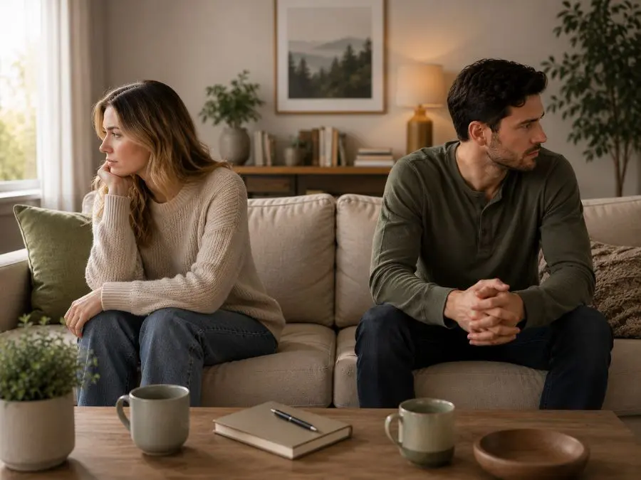Couple sitting apart after a stalled hard conversation needing gentle conversation scripts and support