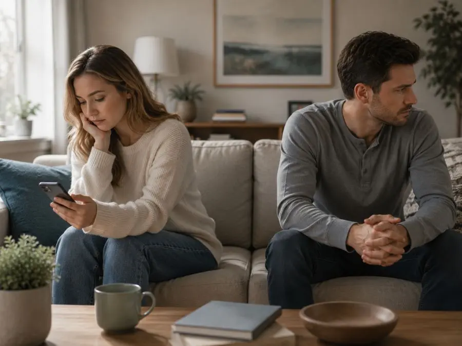 Couple sitting apart after an apology text when a message alone is not enough to repair the relationship