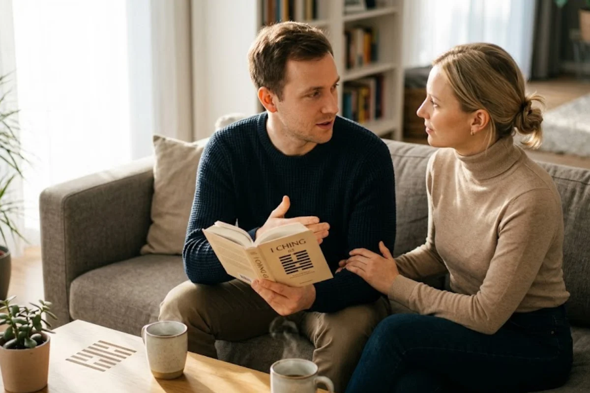 Couple talking calmly about relationship maintenance after receiving Hexagram 63 relationship guidance