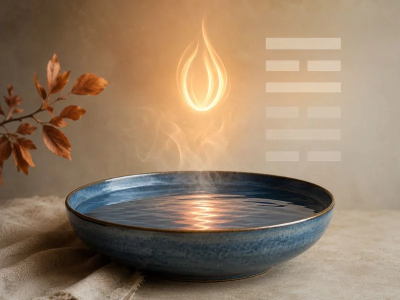 Fire-colored sunset over water symbolizing Hexagram 64 before completion and the final careful step in love