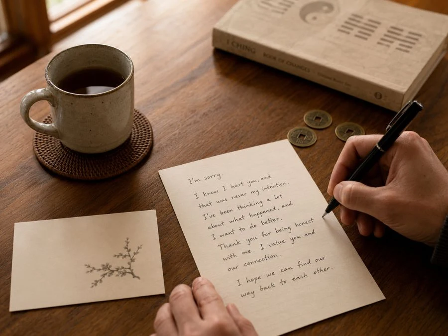 Handwritten apology note and pen for a forgot anniversary apology inspired by Hexagram 62