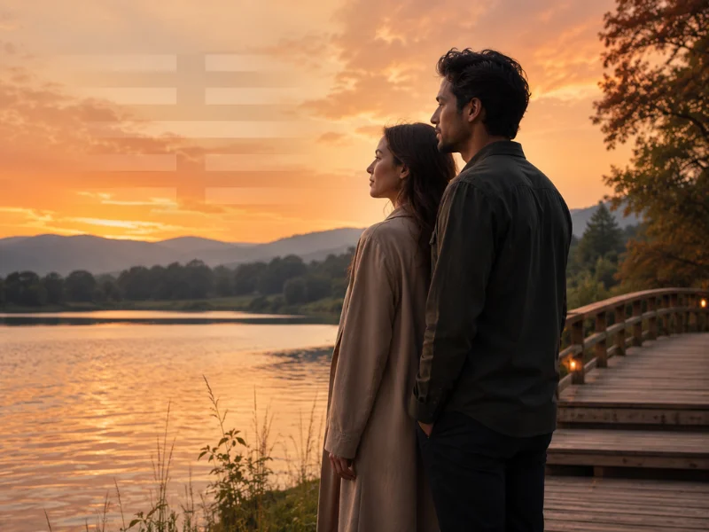 Hexagram 64 relationship meaning shown by a couple near water before crossing, symbolizing unfinished love and careful timing
