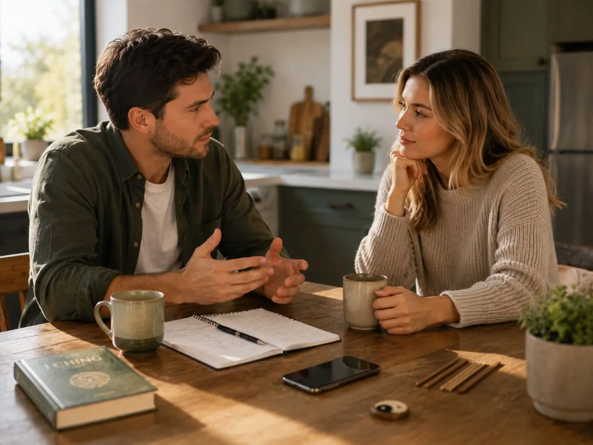 I Ching couples conversation scripts for a couple having a calm kitchen table conversation about a difficult topic