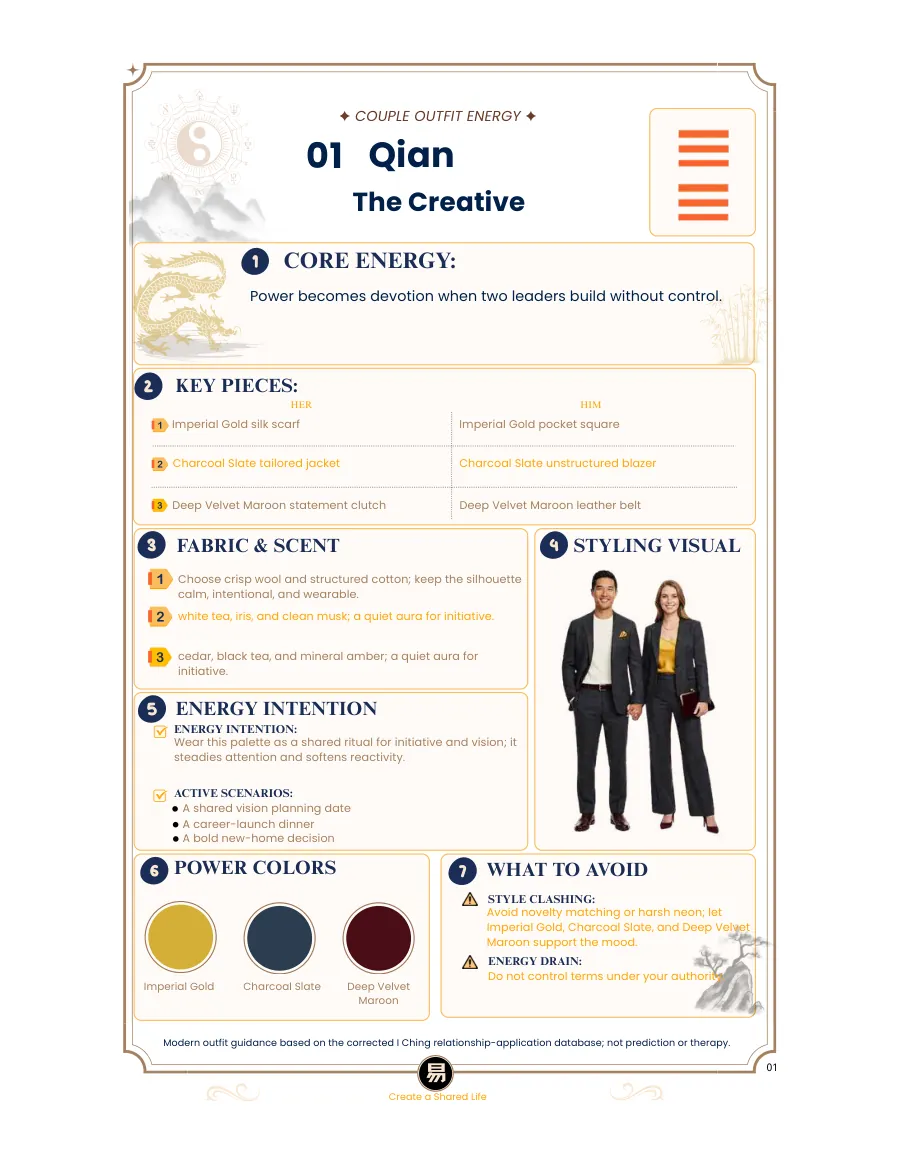 Interior page for Qian, The Creative, showing couple outfit energy, colors, fabric, scent, and styling suggestions