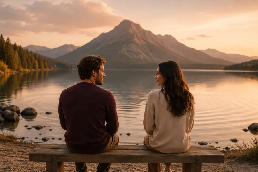 Lake and mountain image symbolizing Hexagram 31 Influence in love and relationships