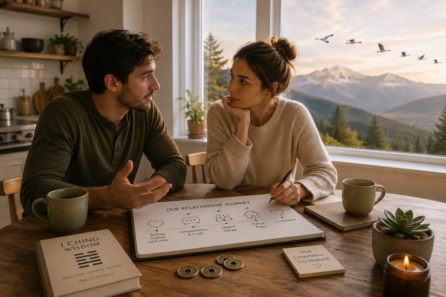 Couple discussing Hexagram 53 love meaning and relationship progress with calm communication