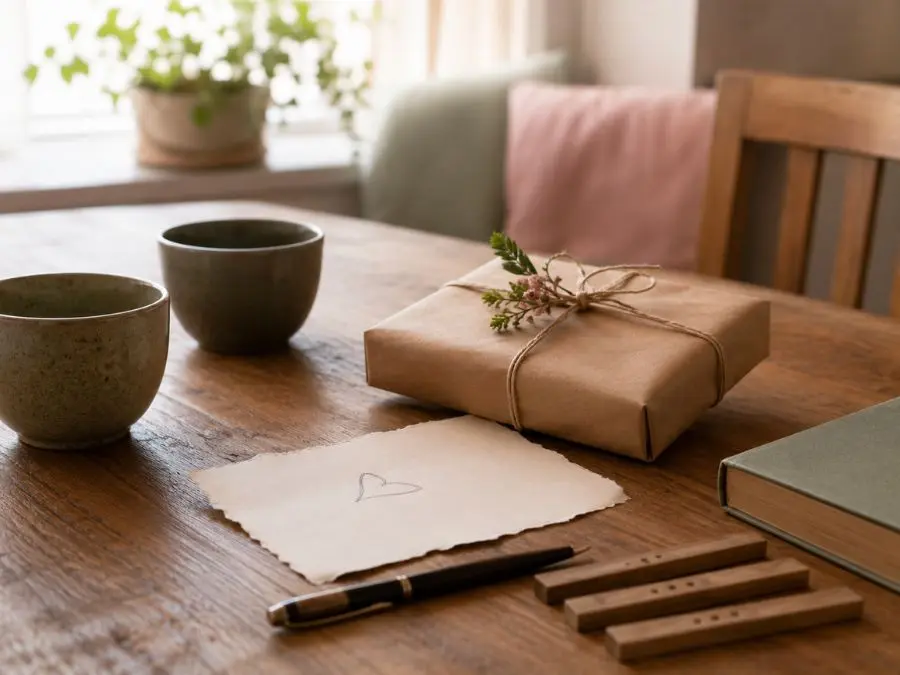 Simple wrapped gift and note representing Hexagram 41 Decrease and a modest apology gesture